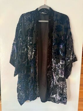 PAPARAZZI BY BIZ Burnout Velvet Floral Kimono Cardigan Duster Bohemian Black OS